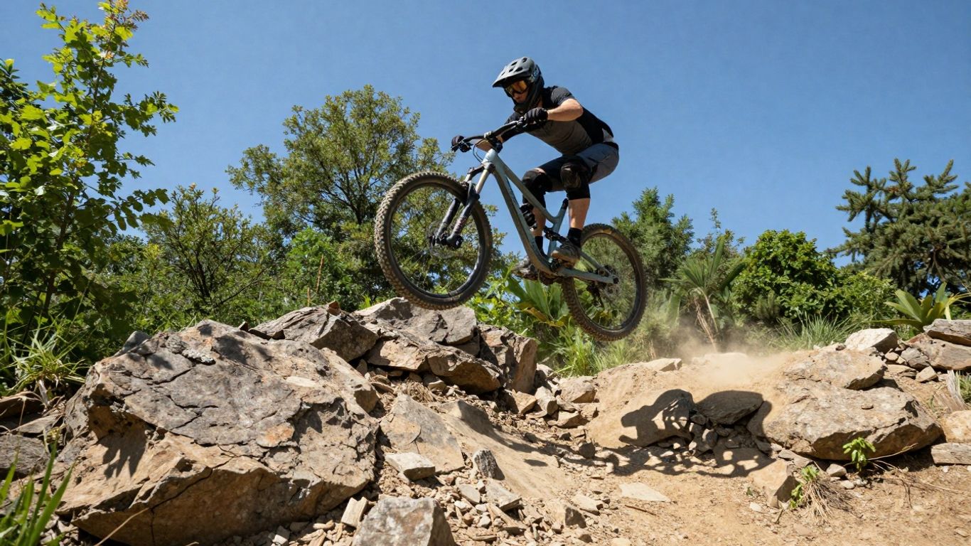 Mountain biker jumping on a rocky trail at Spider Mountain Bike Park.