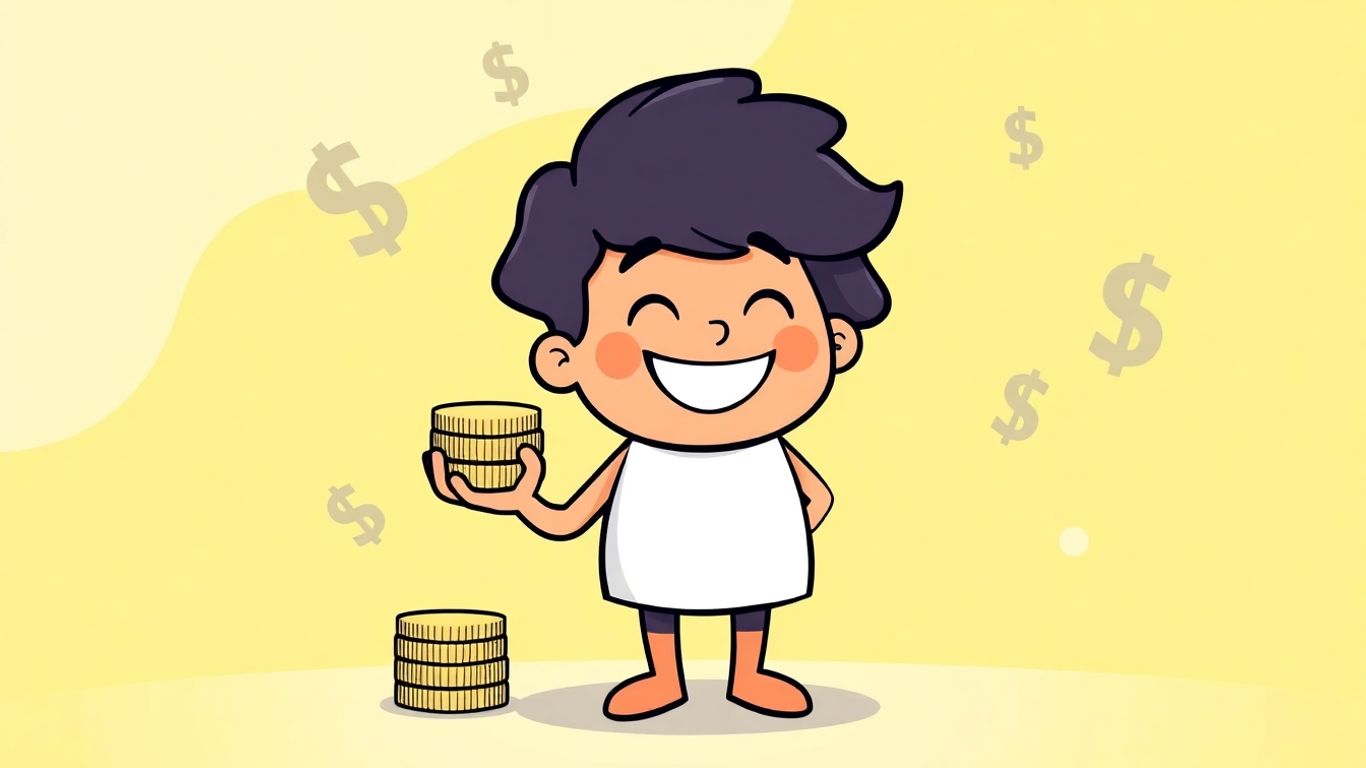 Cartoon character holding coins with a positive financial outlook.