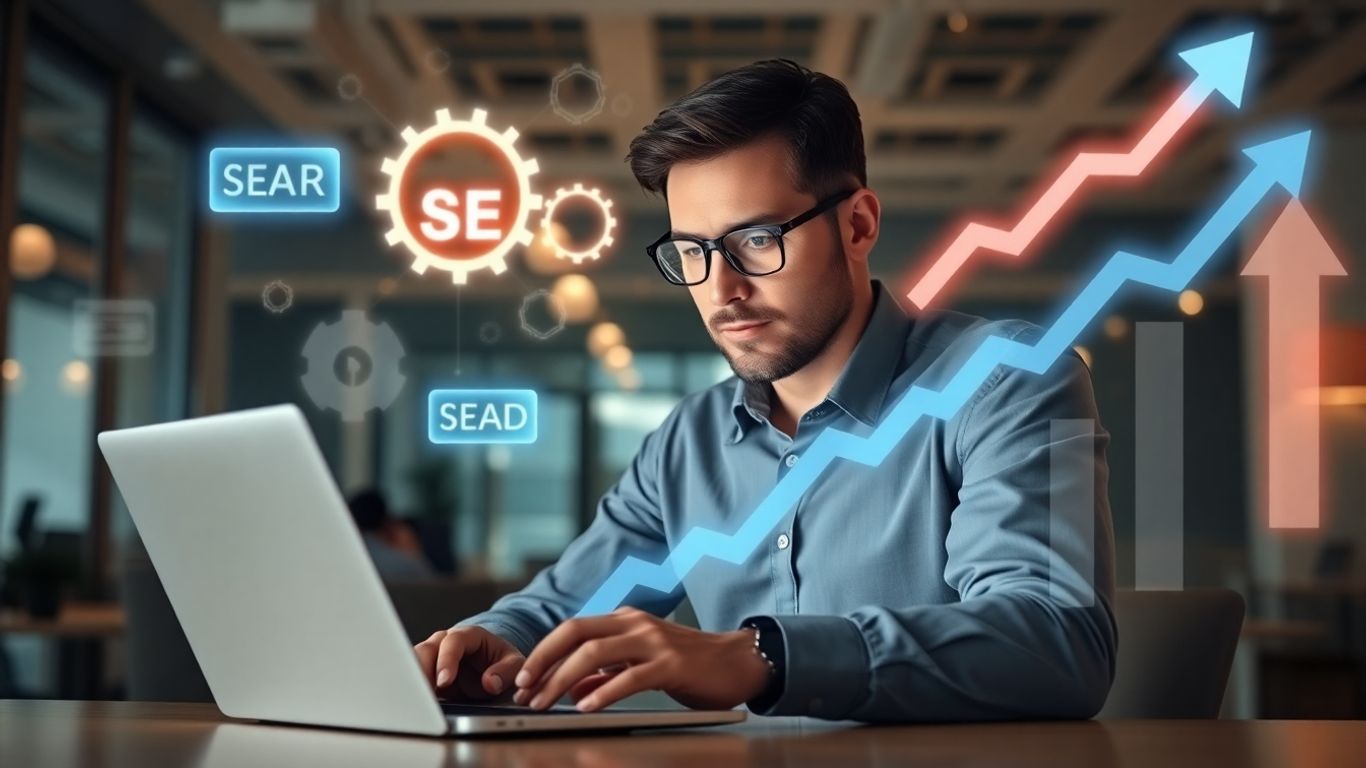 ผู้เชี่ยวชาญ SEO ทำงานบนแล็ปท็อป เพิ่มประสิทธิภาพธุรกิจ