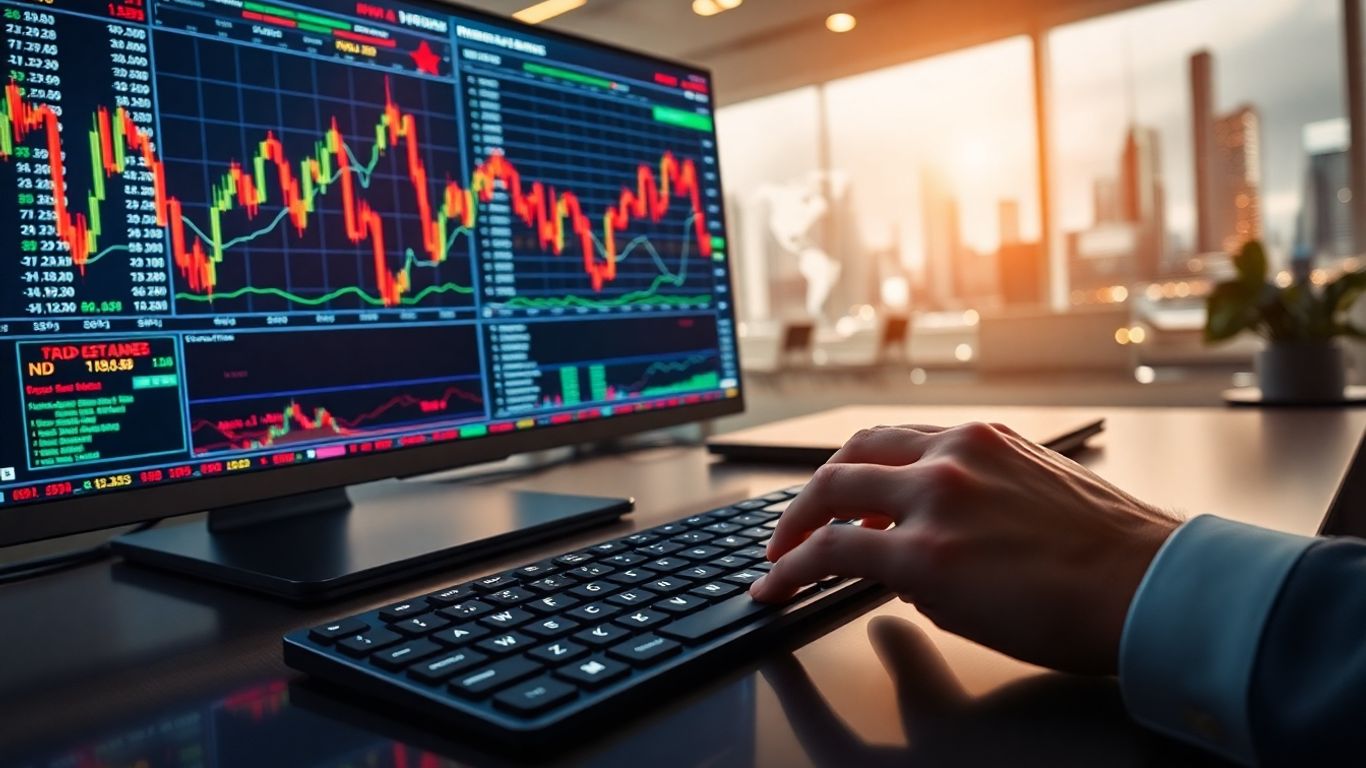 Forex trading desk with charts and keyboard.