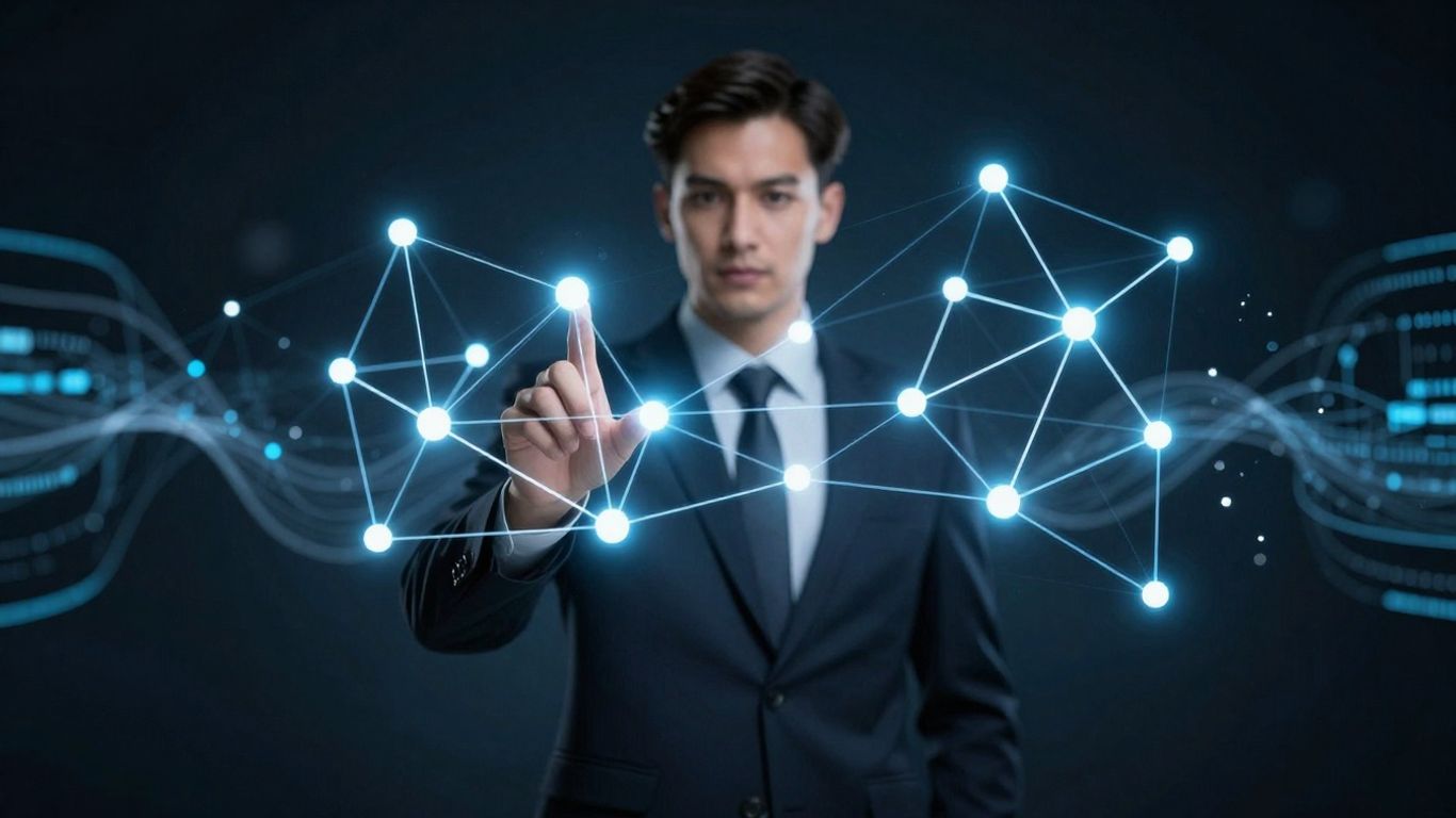 Business professional managing a secure digital network.