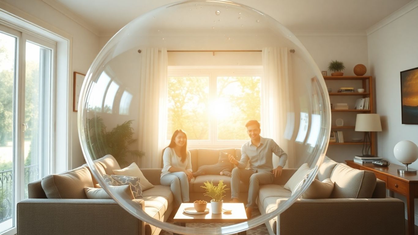 Familia protegida dentro de una burbuja en su hogar.