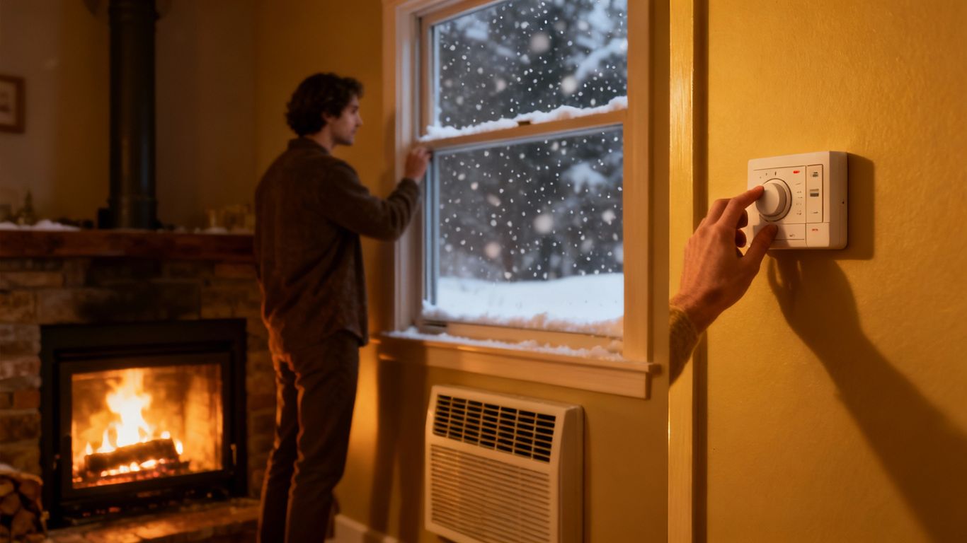 Cozy living room with fireplace and thermostat.