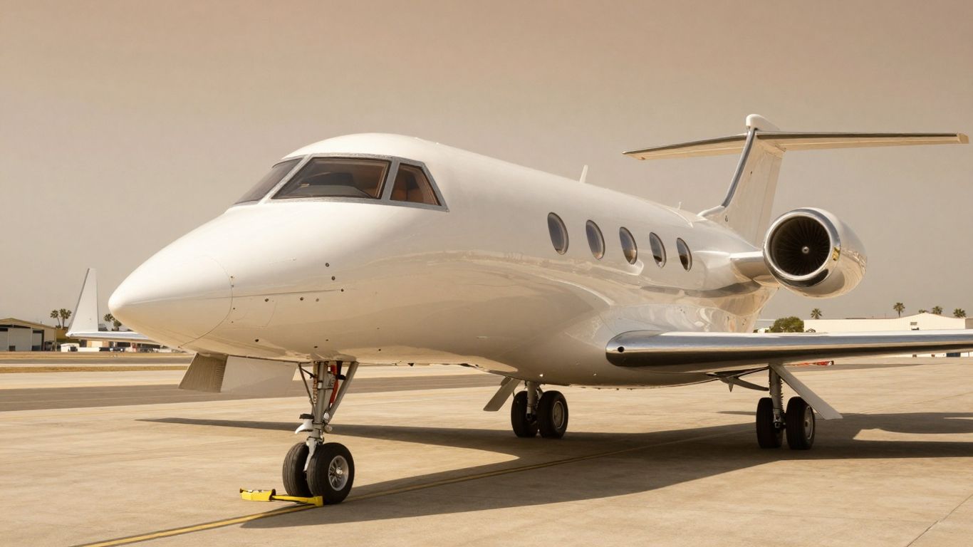 Luxury private jet on a California tarmac.