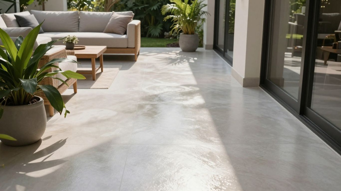 Epoxy floor transitions from indoor living room to outdoor patio.