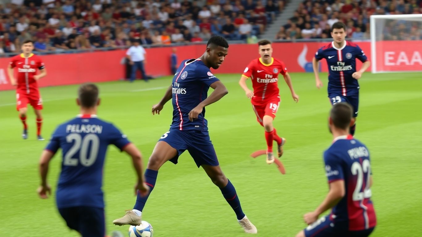 Joueurs du PSG en action sur le terrain de football.