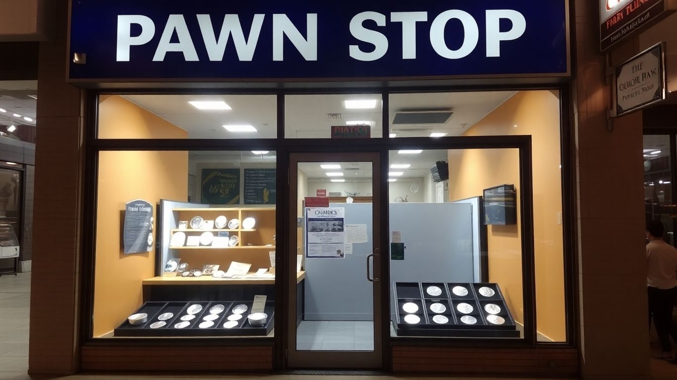 Pawn shop exterior with silver coins on display