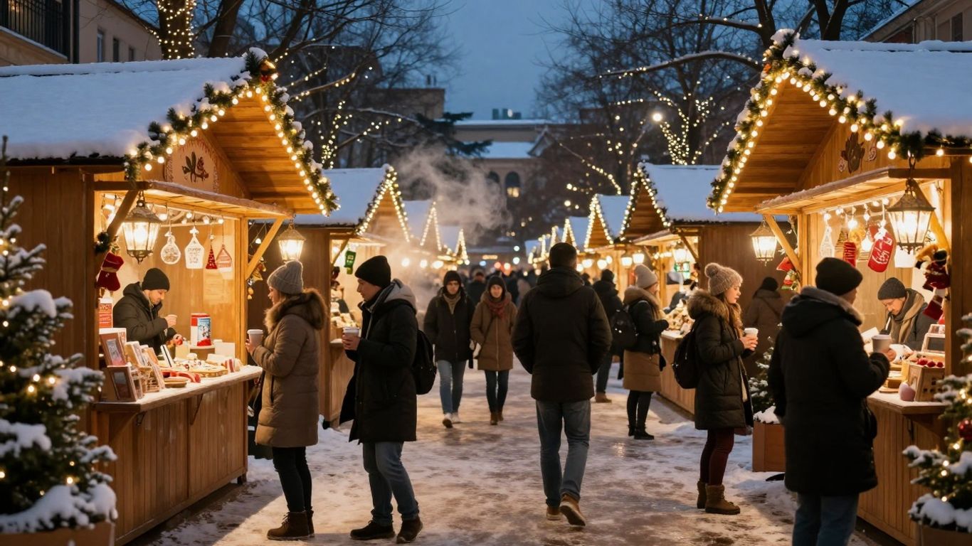 Verschneiter Weihnachtsmarkt mit Lichtern und Ständen
