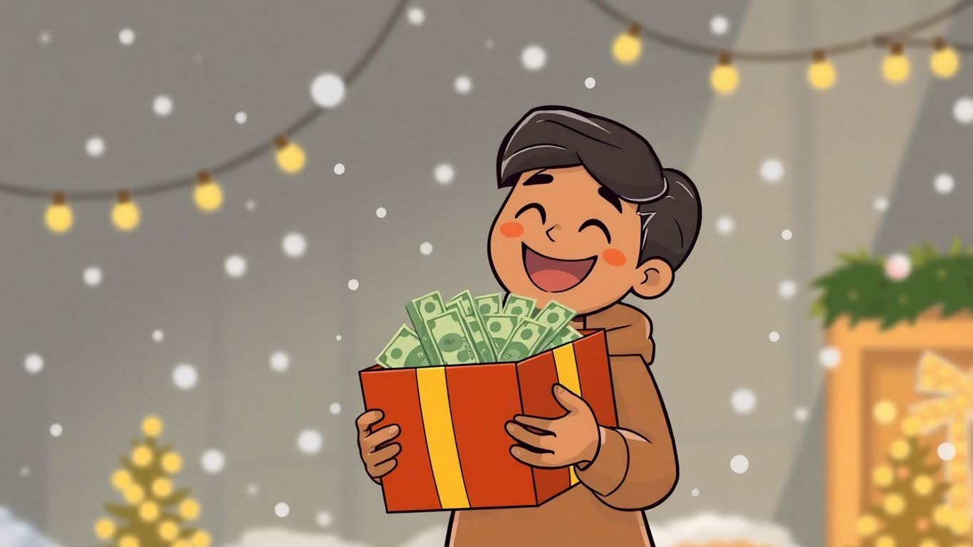 Cartoon person holding gift box full of cash with Christmas lights.