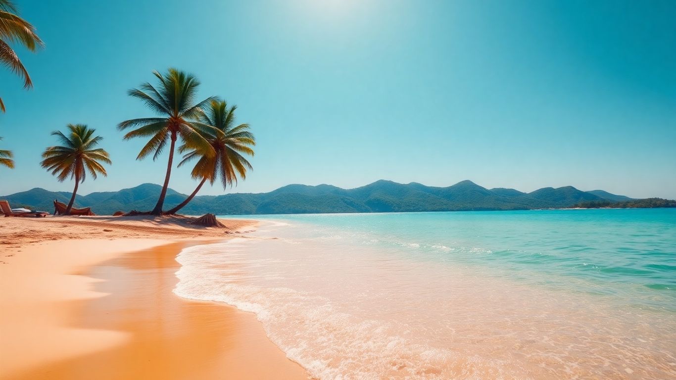 Sunny beach with turquoise water and palm trees.