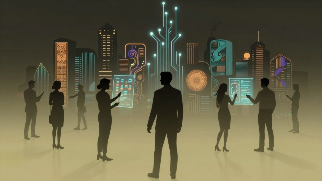 Indian professionals interacting with futuristic AI interfaces.