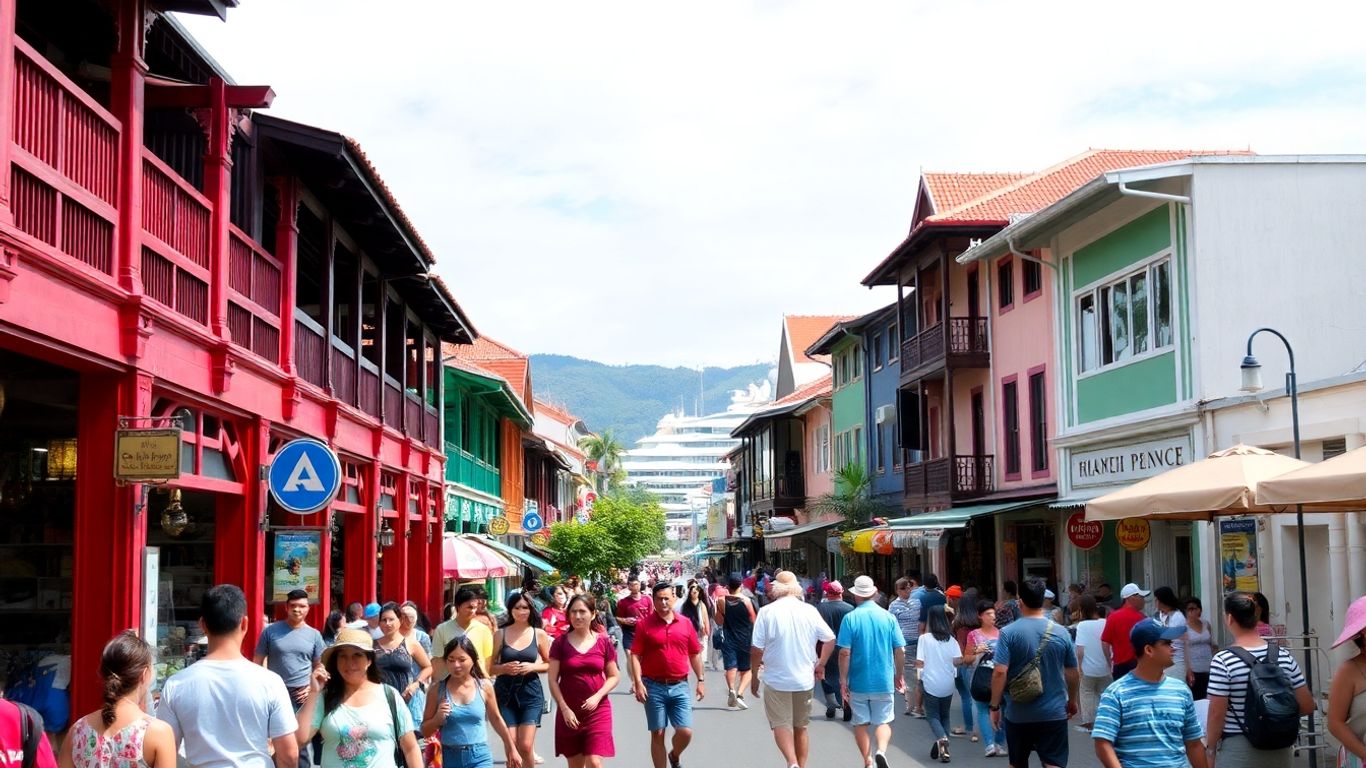 Colourful Sino-Portuguese buildings in Phuket Town with yachts.