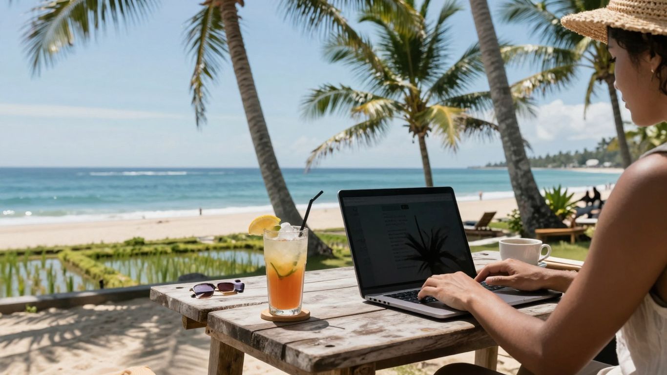 Russian citizen working on laptop on Bali beach