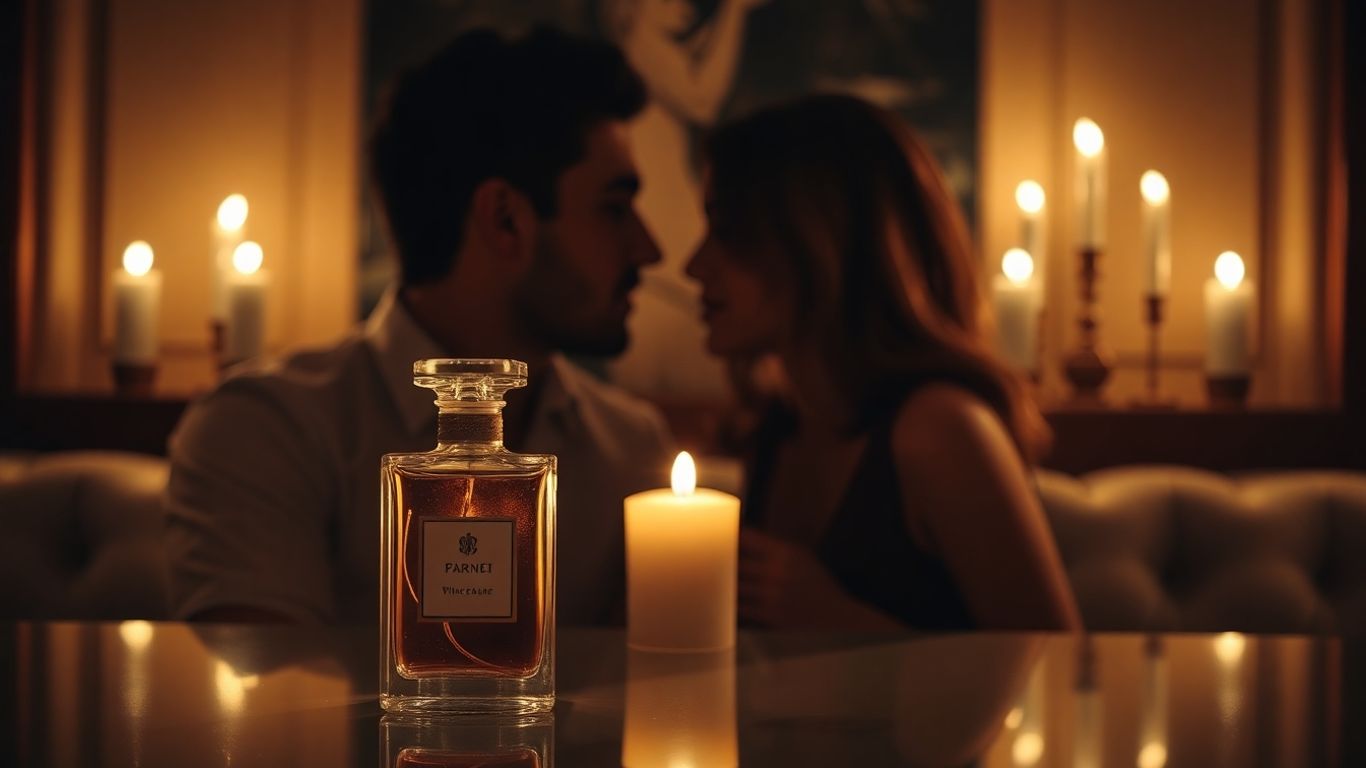 Couple enjoying a romantic evening with a perfume bottle.