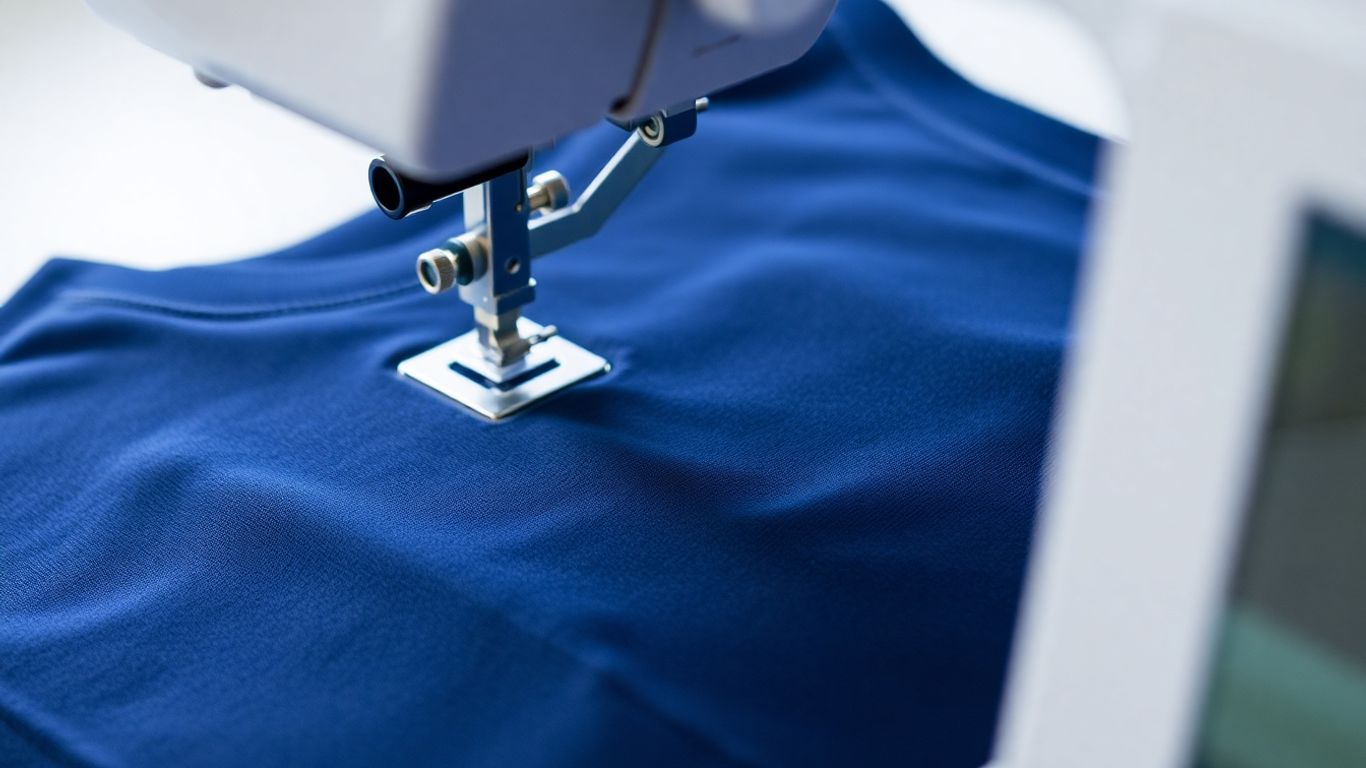 Custom logo being sewn onto a t-shirt.
