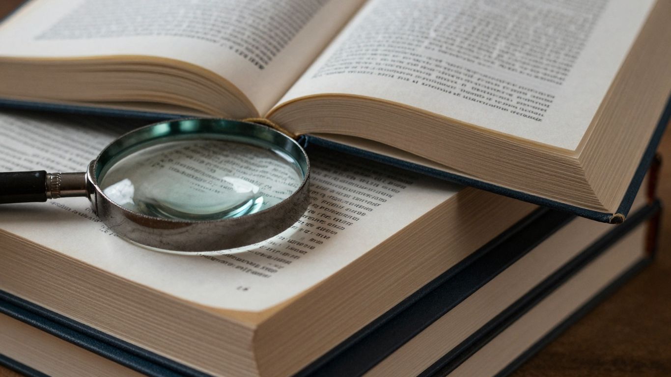 Stack of books with magnifying glass, citation style