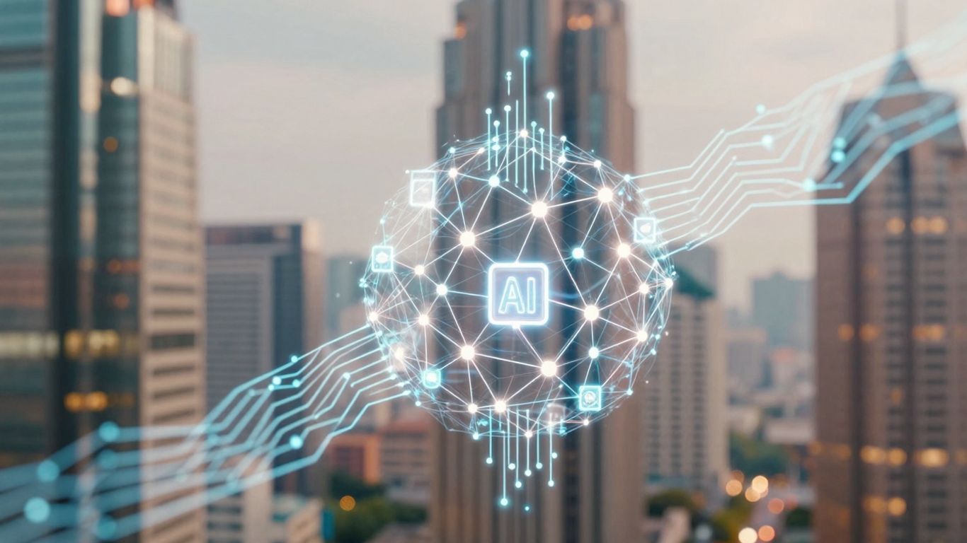 AI and blockchain merging in a futuristic digital landscape.