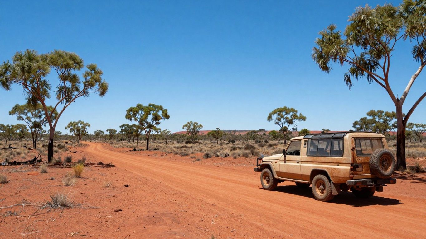 Vast Australian Outback with a 4x4 vehicle on a dirt track.
