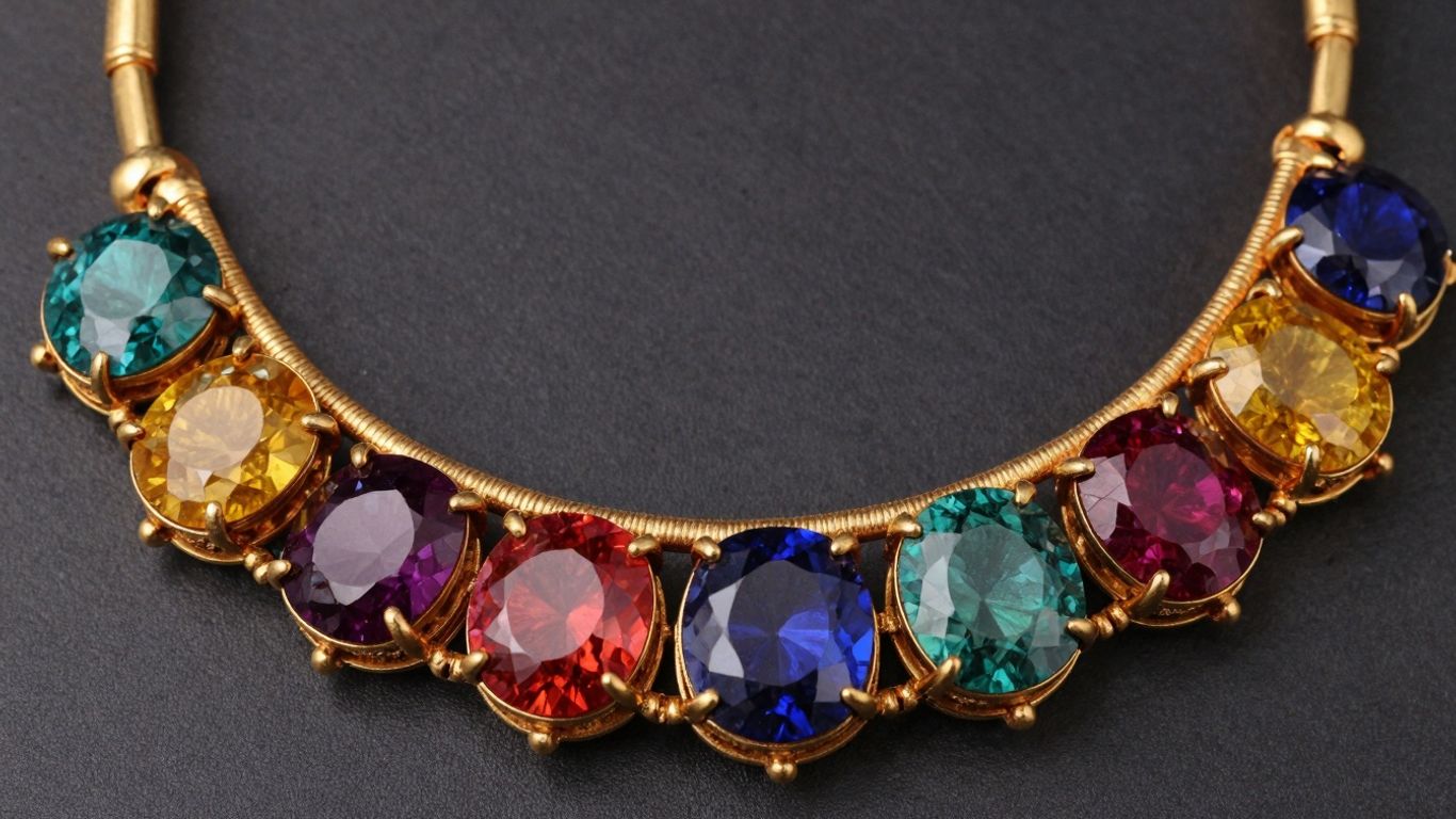 Intricate Navaratna necklace with nine colorful gemstones.