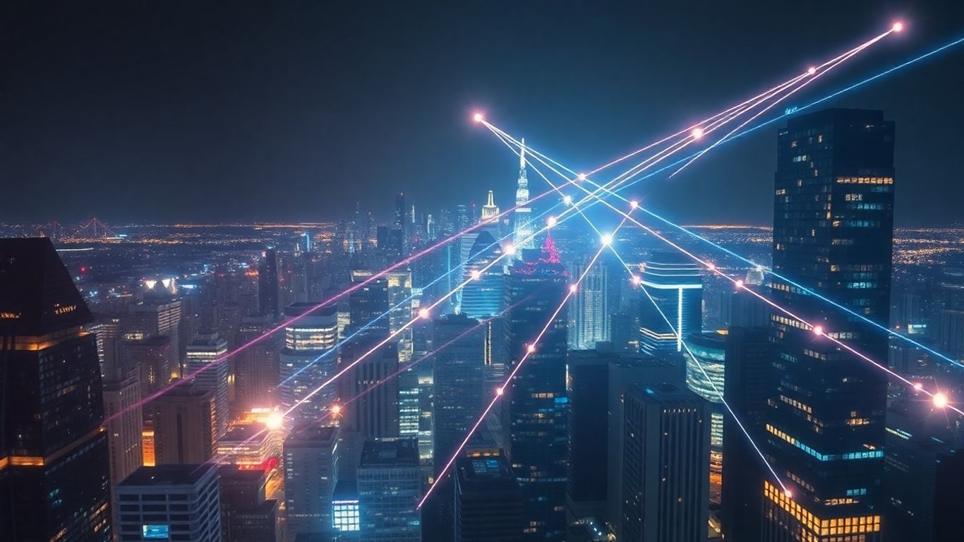 Digital streams flowing through a futuristic cityscape.