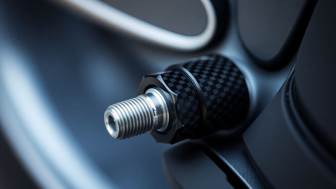 Close-up of carbon fiber tire valve caps.