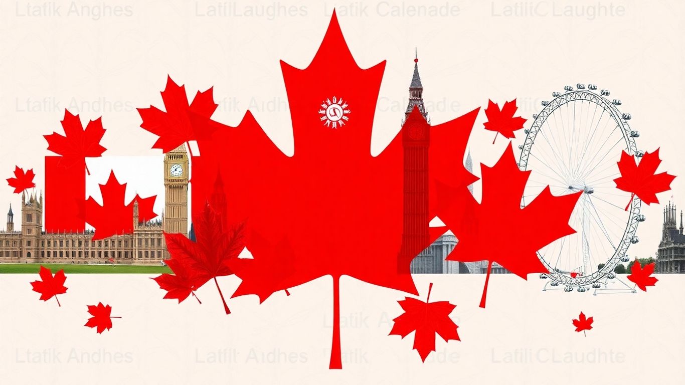 Canadian maple leaves and UK landmarks.