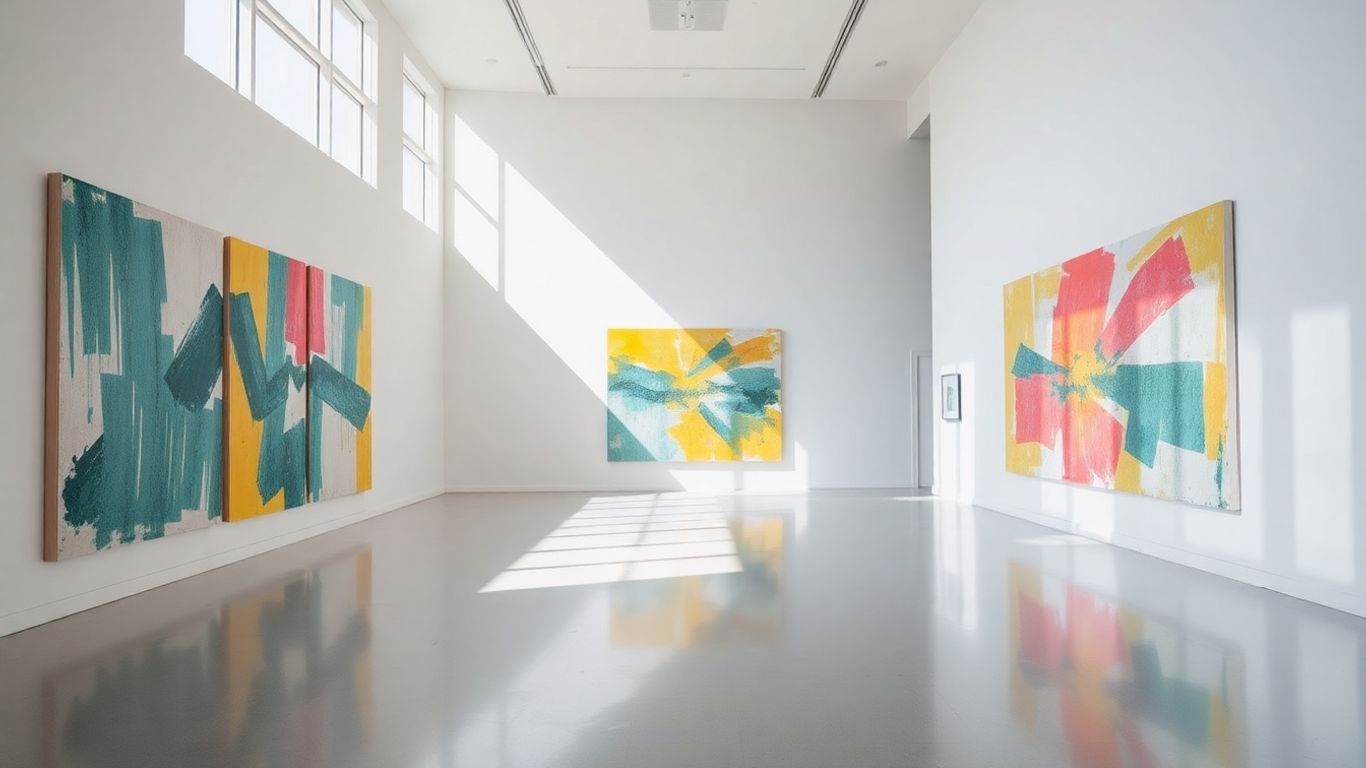 Modern art gallery interior with colourful paintings.