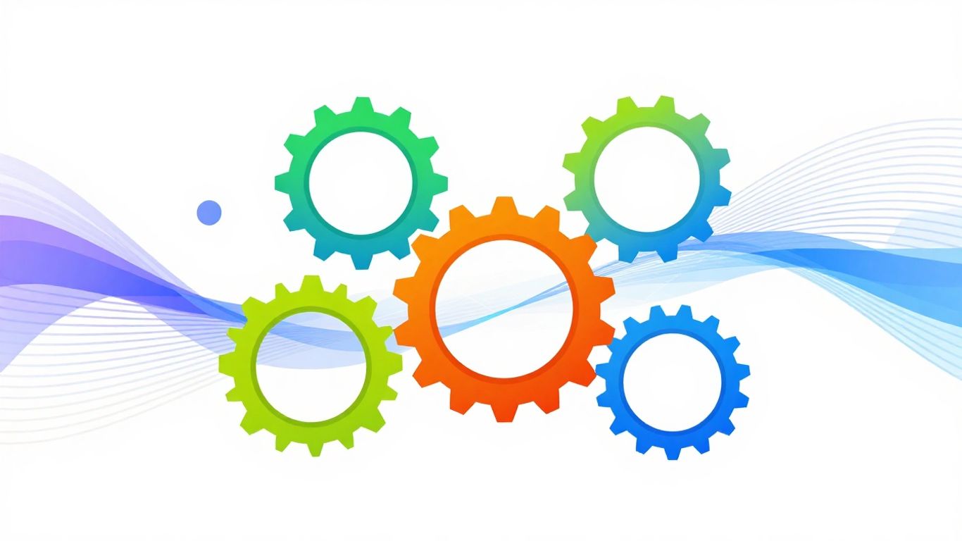 No-code AI automation infographic with gears and data flow.