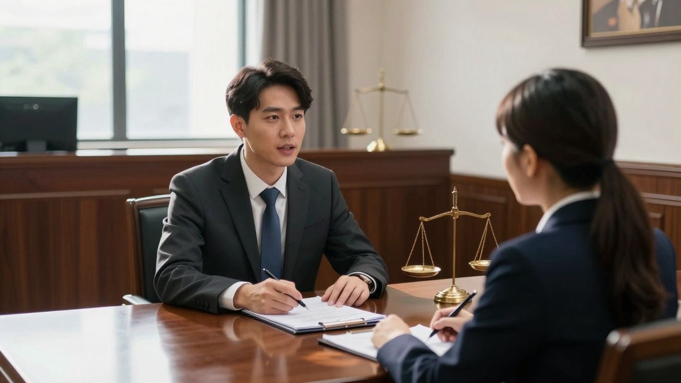 Lawyer speaking to client in courtroom.