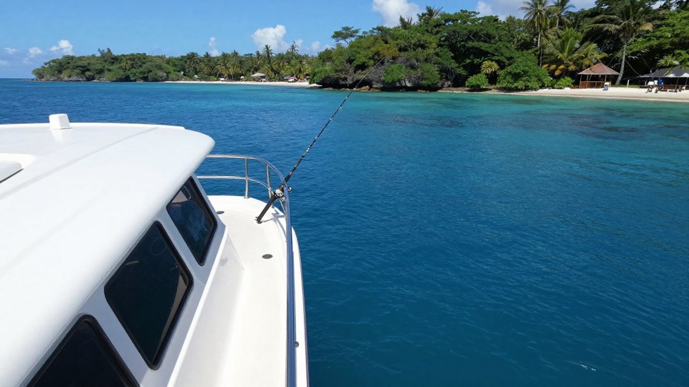 Charter boat sailing on Costa Rican waters with fishing rod.