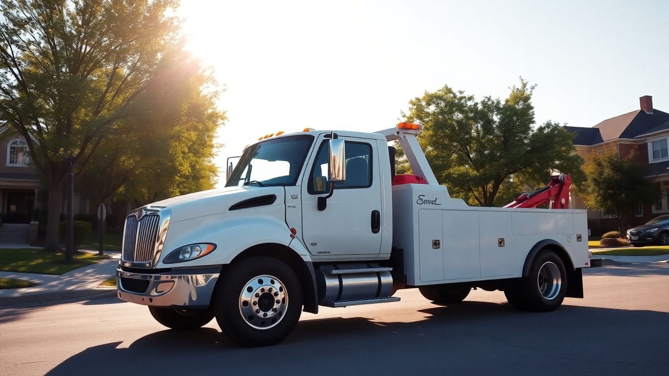 Tow truck on a suburban street, ready for service.