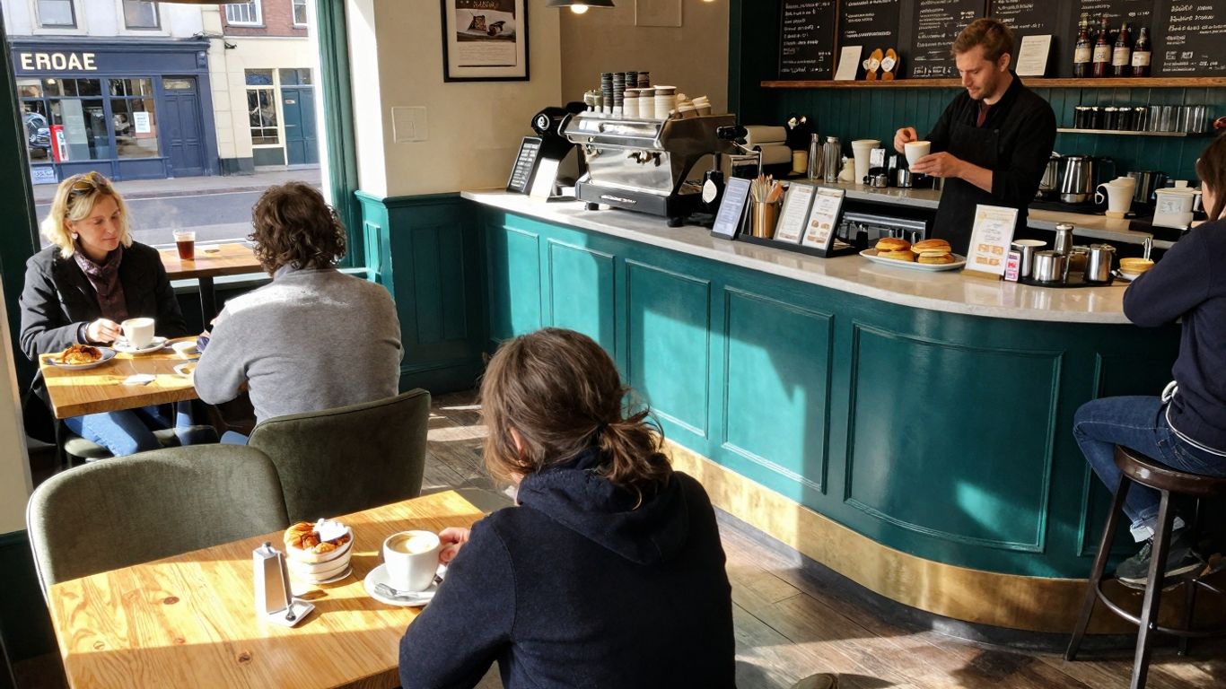 Busy Irish café interior with customers enjoying coffee and food.