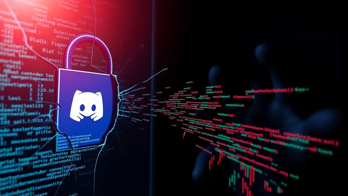 Discord logo on a cracked digital lock with data flowing out.