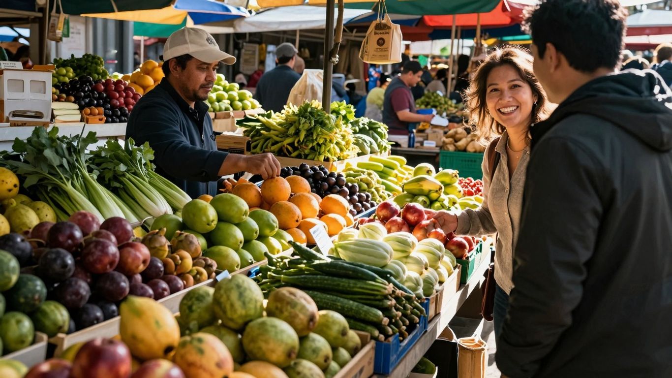 Bustling market stall with fresh produce and happy customers.