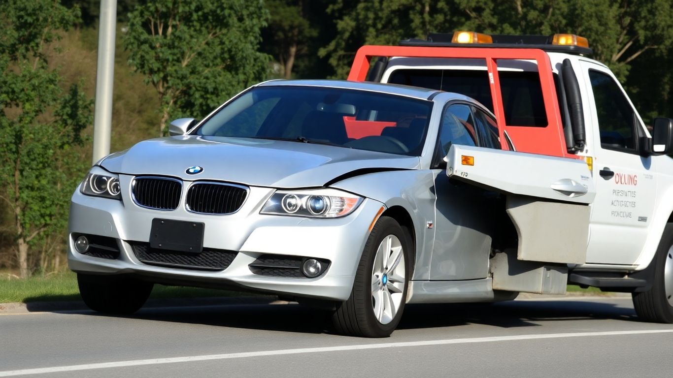 BMW car being towed by a wrecker truck.