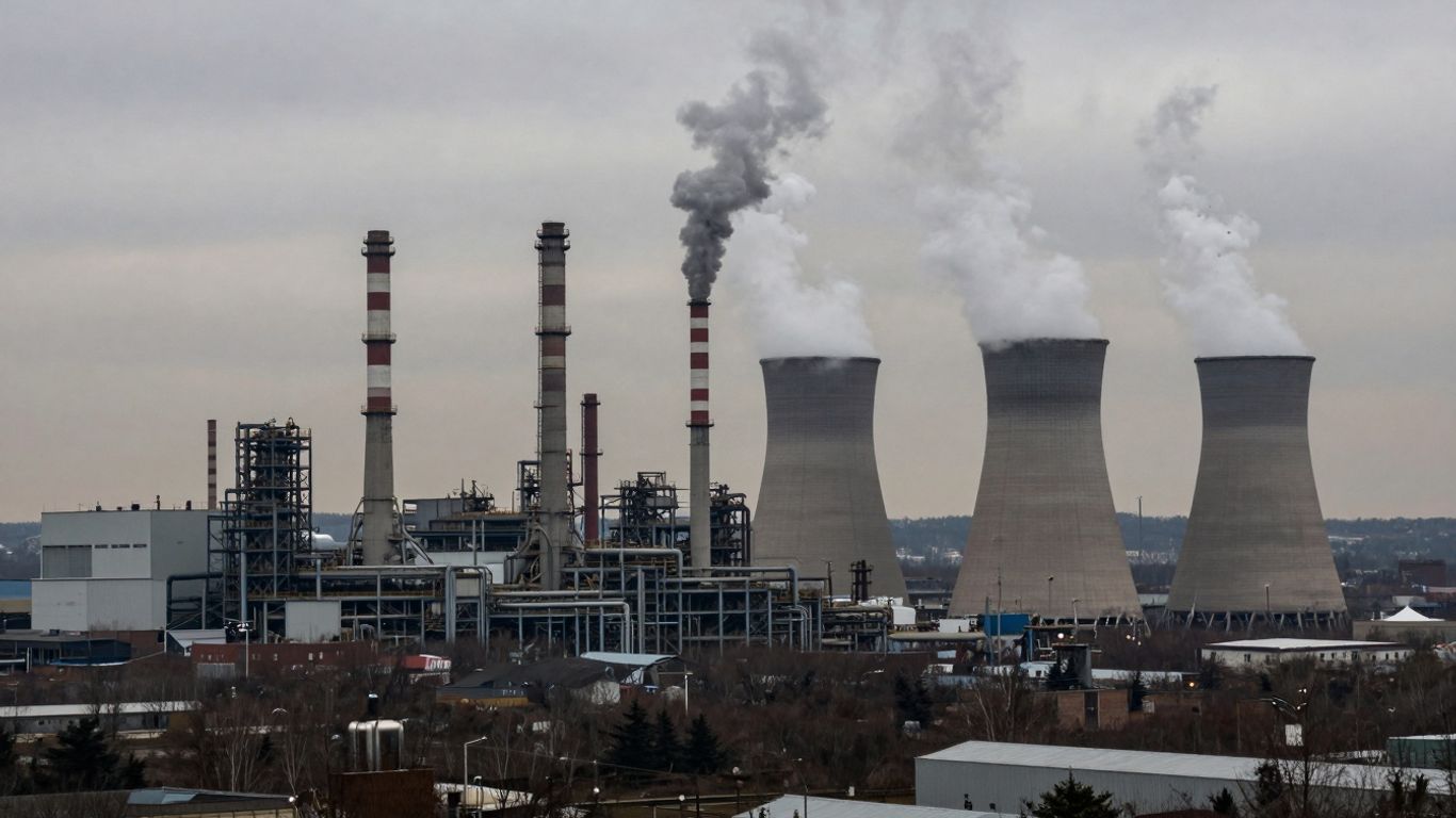 Centrales électriques émettant de la fumée dans un ciel pollué.