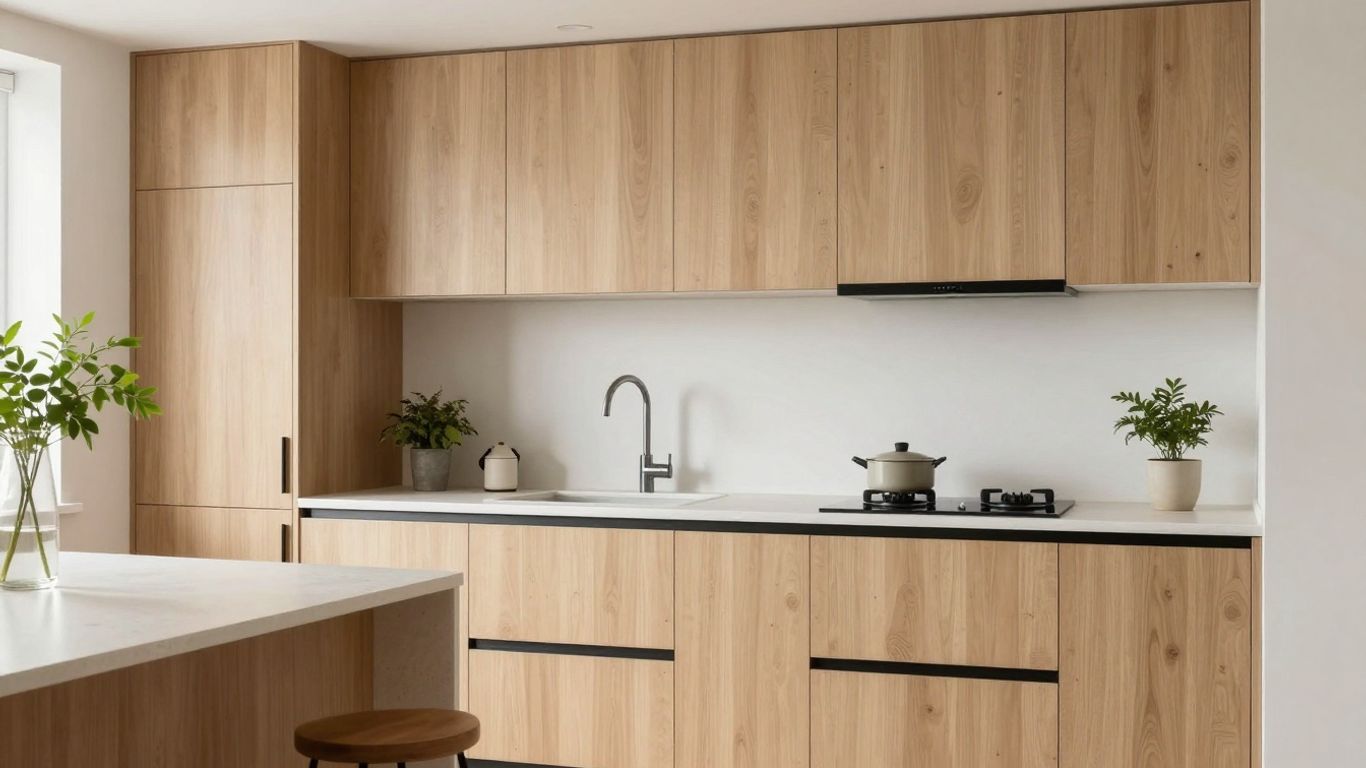 Minimalistische Japandi Küche mit Holzelementen und Pflanzen.