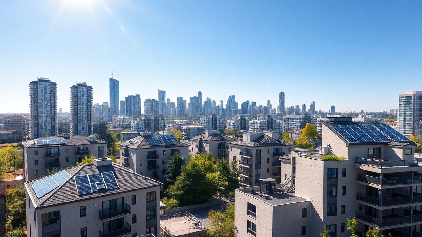 Canadian city buildings with rooftop and balcony solar panels