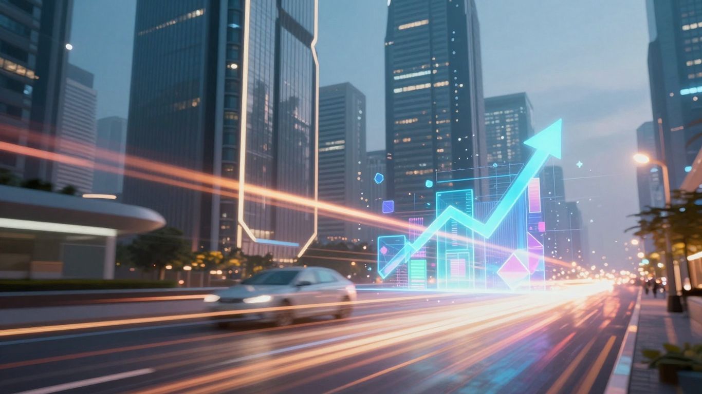 Futuristic cityscape with digital light streams and abstract data shapes.