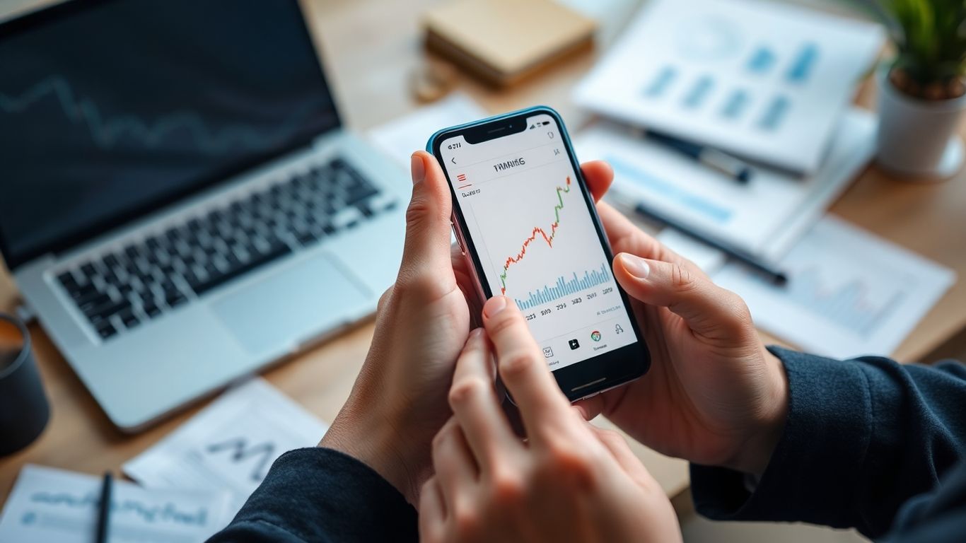 Hands holding smartphone with financial chart.