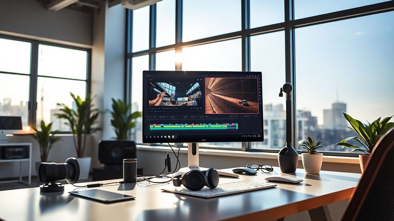 Modern workspace with AI video editing on computer screen