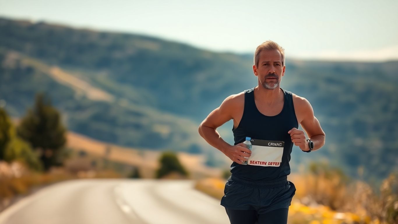 Runner in motion on a road, focused on endurance.