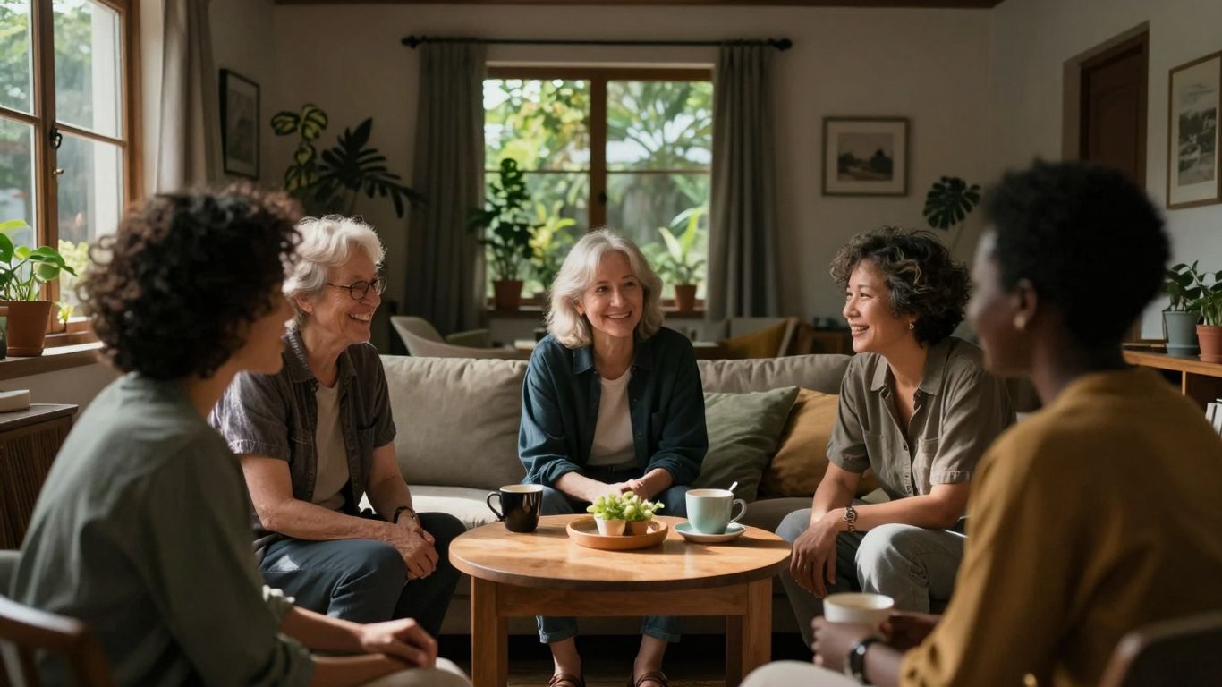 People enjoying community living in a bright, welcoming housing setting.