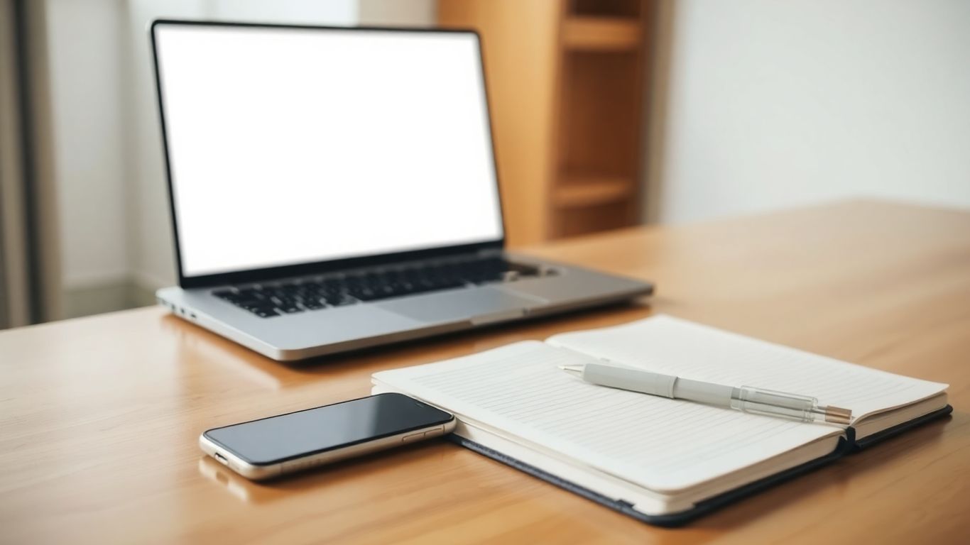 Laptop, notebook, and smartphone on a desk.