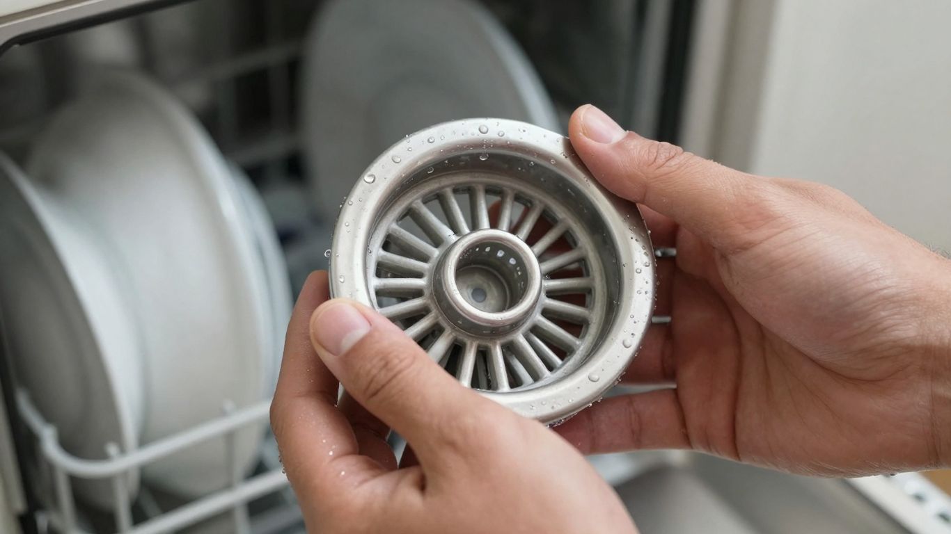 Hands cleaning a dishwasher filter with clean dishes