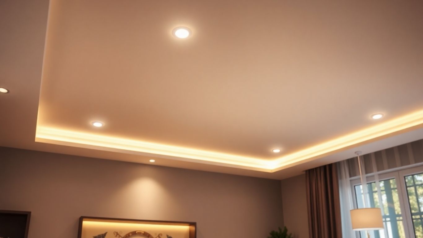 Modern ceiling with bright LED lights.