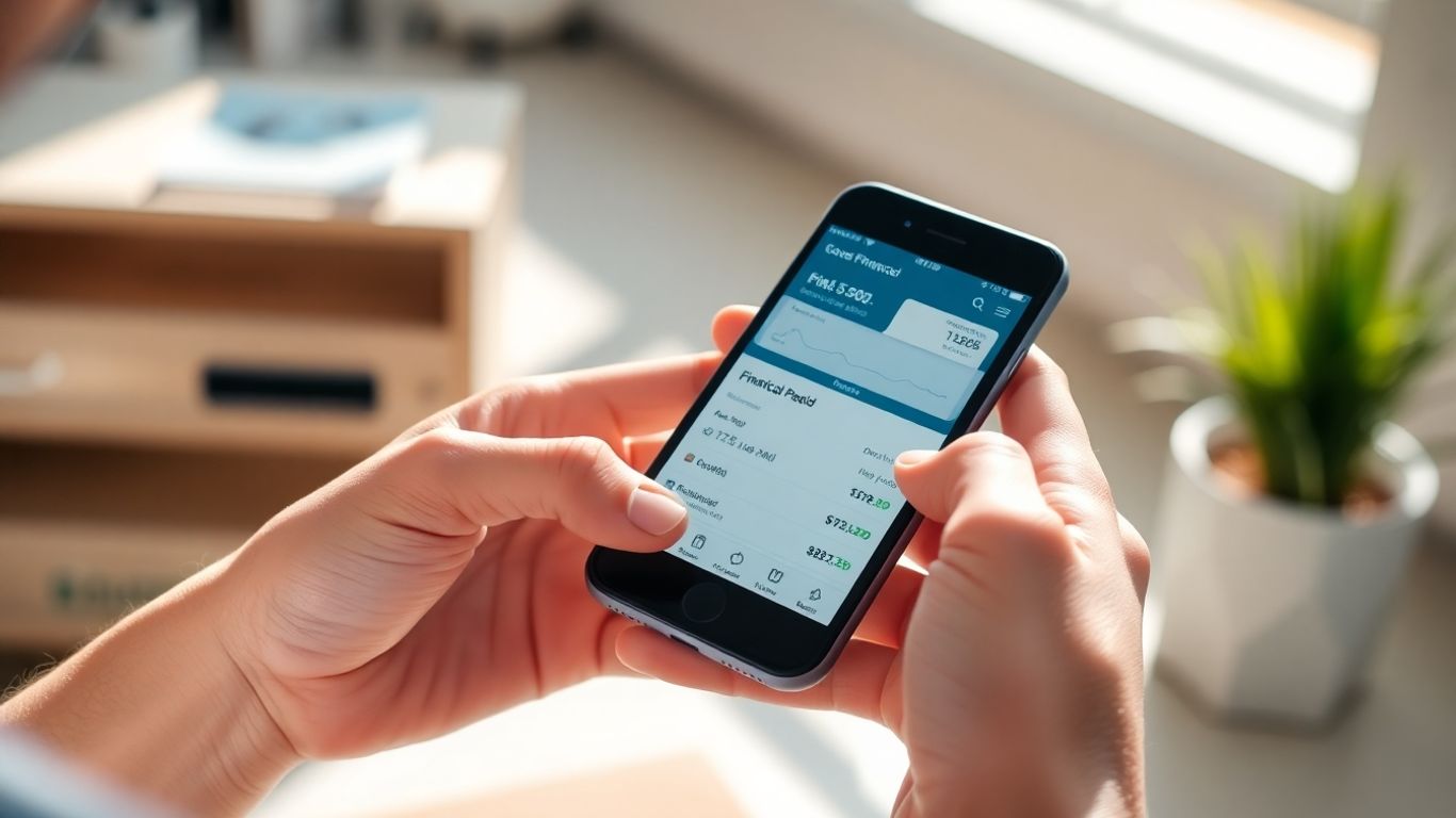 Mãos segurando celular com aplicativo financeiro.