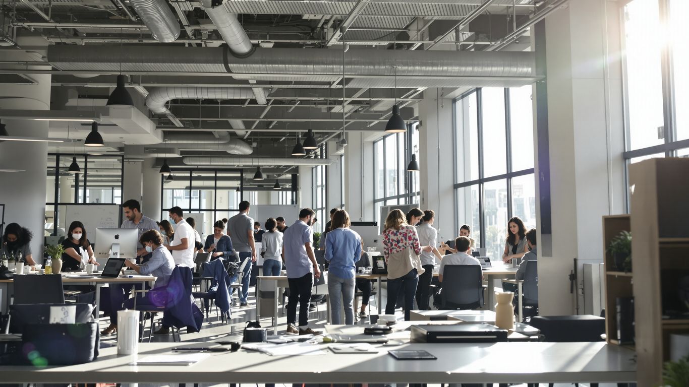 Modern office interior with people collaborating.