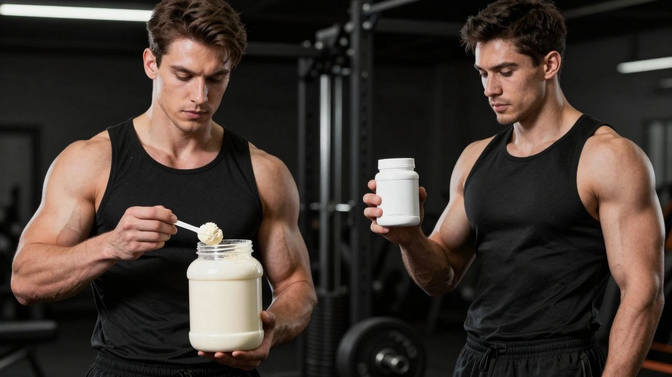 Homem com whey protein e homem com creatina em academia.