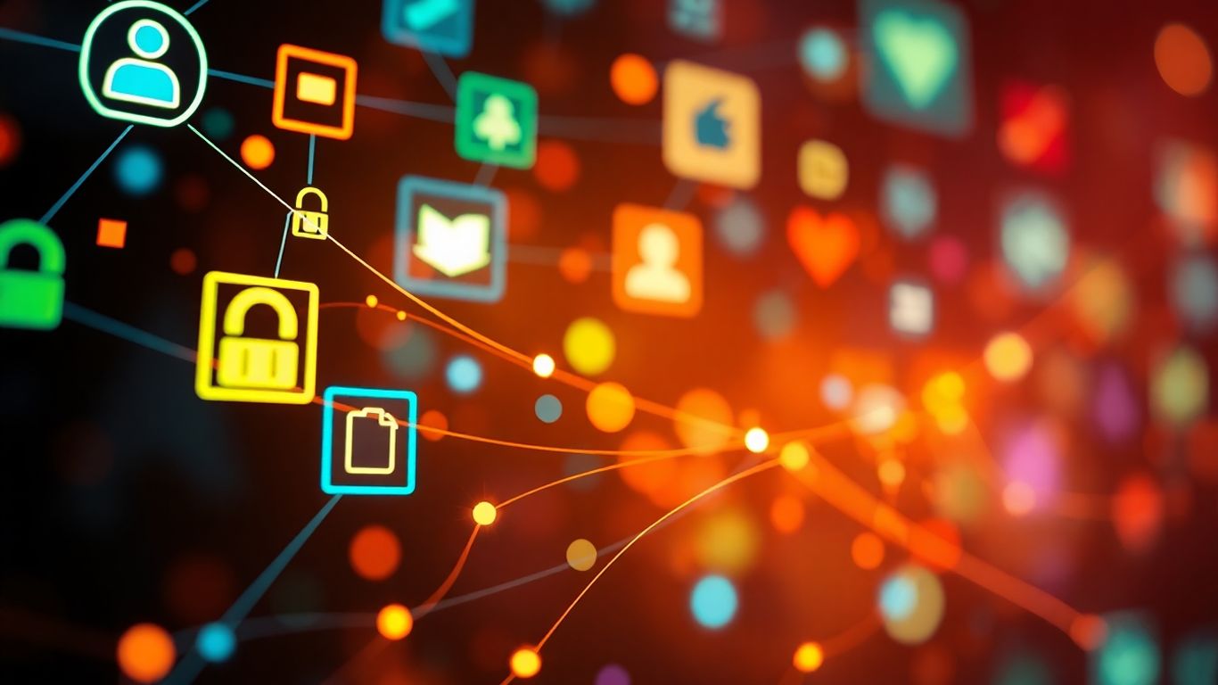 Digital connection and influence with glowing icons and light trails.
